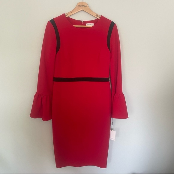 Calvin Klein Color-Blocked Bell Sleeve Sheath Dress- Red & Black- Size 10- NWT - Picture 11 of 12